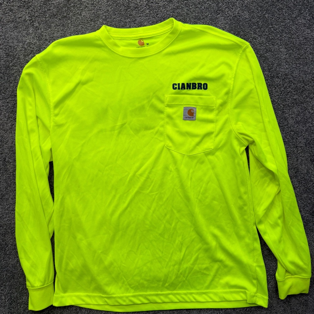 Carhartt Force Mens Medium Neon Yellow Hi-Vis Long Sleeve Cianbro Pocket T-Shirt